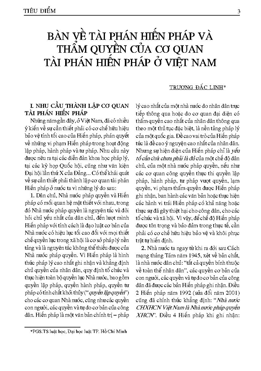 Bàn về tài phán hiến pháp và thẩm quyền của cơ quan tài phán hiến pháp ở Việt Nam