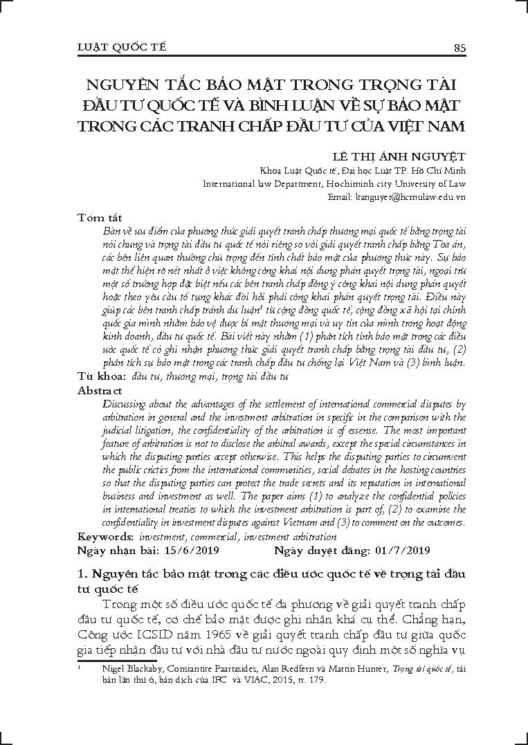 Nguyên tắc bảo mật trong trọng tài đầu tư quốc tế và bình luận về sự bảo mật trong các tranh chấp đầu tư của Việt Nam