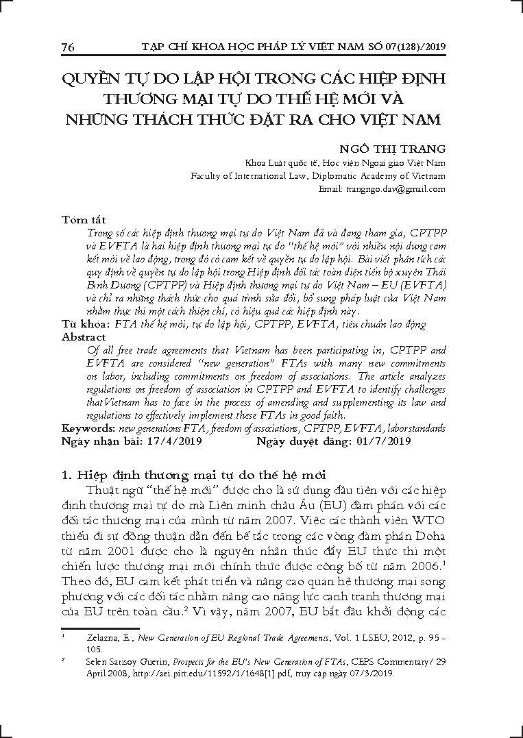 Quyền tự do lập hội trong các hiệp định thương mại tự do thế hệ mới và những thách thức đặt ra cho Việt Nam
