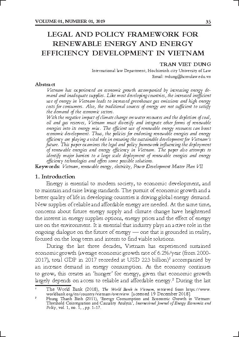 Legal and policy framework for renewable energy and energy efficiency development in Vietnam