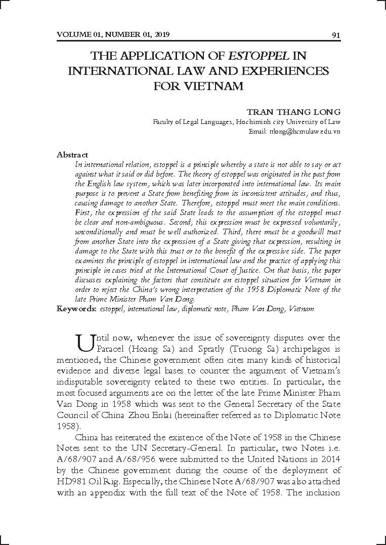 The application of estoppel in international law and experiences for Vietnam