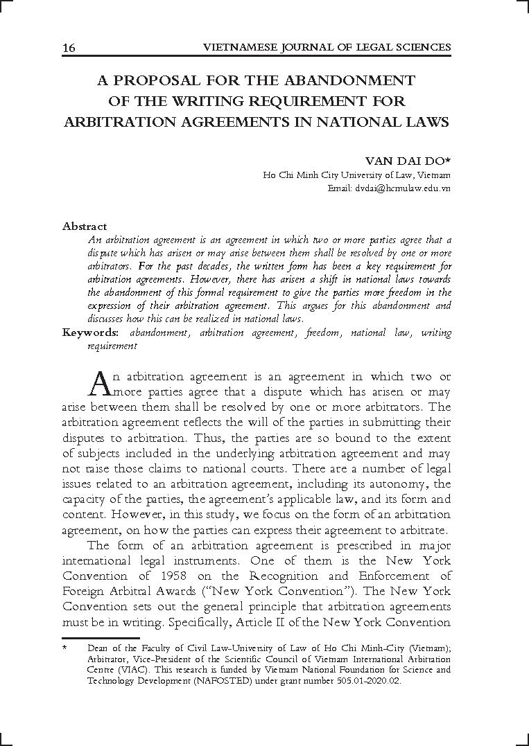 A Proposal for the abandonment of the writing requirement for arbitration agreements in national laws