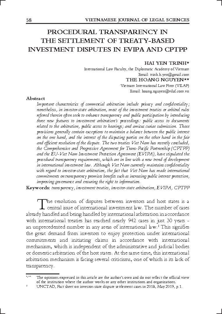 Procedural transpatency in the settlement of treaty - based investment disputes in EVIP and CPTPP