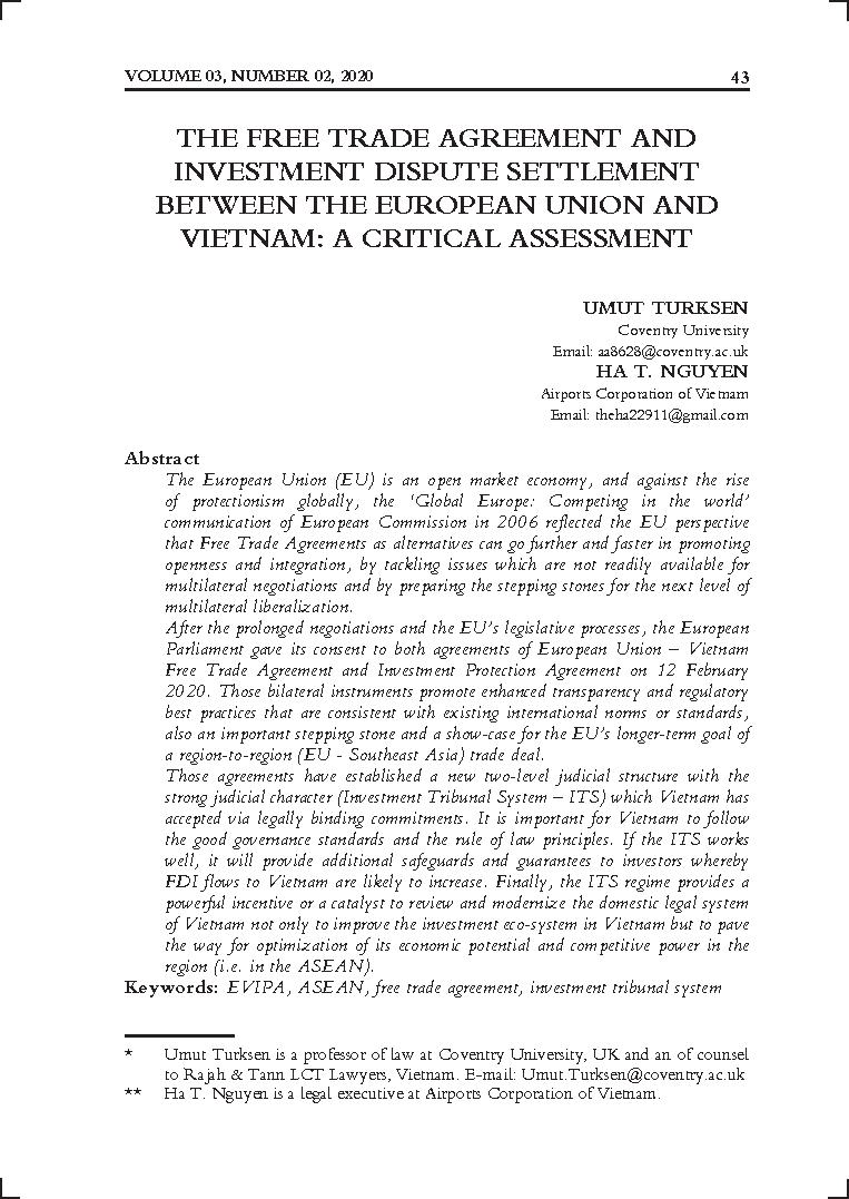 The free trade ageement and investment dispute settlement between the European Union and Vietnam : A critical assessment