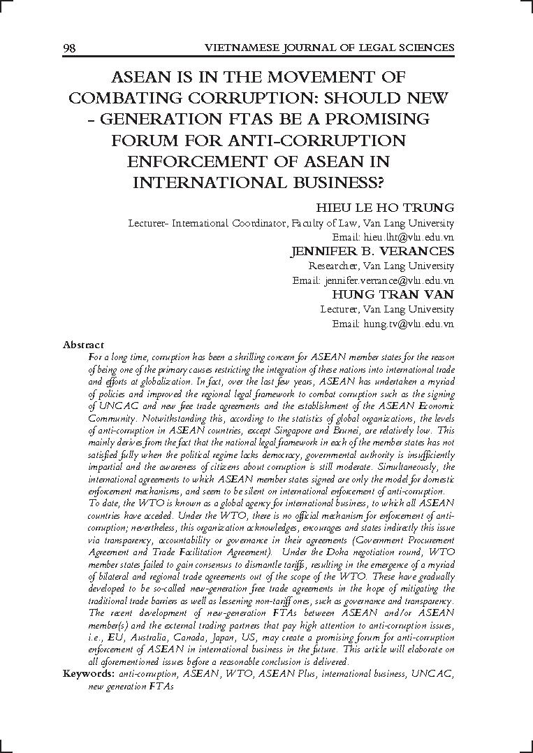 Asean is in the movement of combating corruption : Should new-generation FTAs be a promising forum for anti-corruption enforcement of Asean in international business?