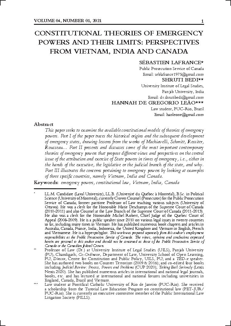 Constitutional theories of emergency powers and their limits: Perspectives from Vietnam, India and Canada