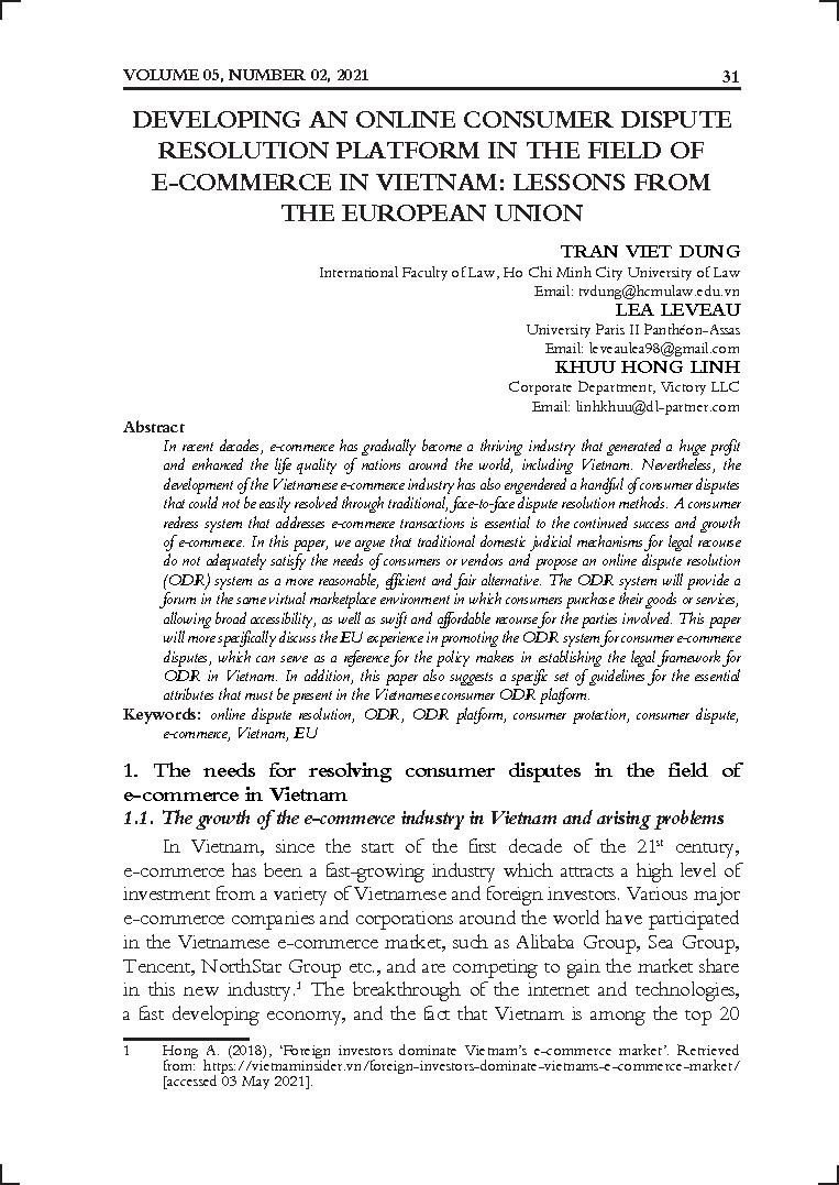 Developing an online consumer dispute resolution platform in the field of e-commerce in Vietnam: - Lessons from the European Union