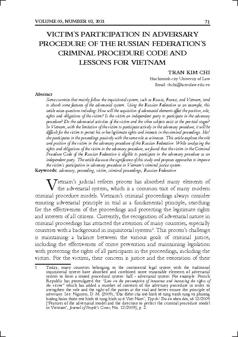 Victim’s participation in adversary procedure of the Russian federation’s Criminal Procedure Code and lessons for Vietnam