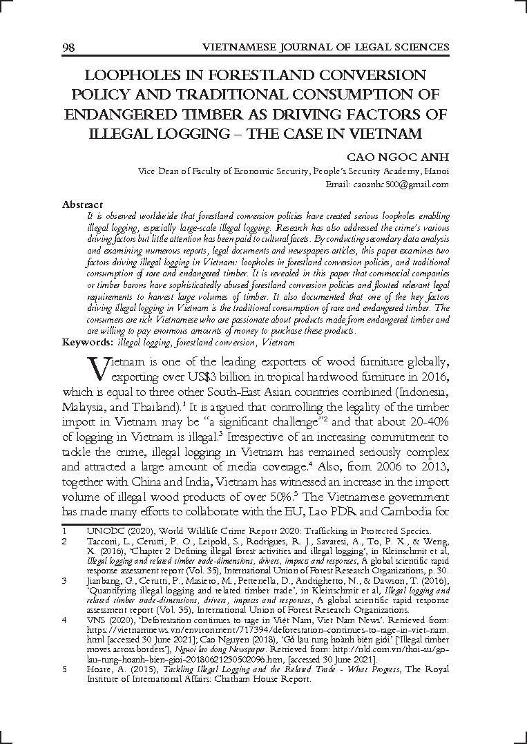 Loopholes in forestland conversion policy and traditional consumption of endangered timber as driving factors of illegal logging – The case in Vietnam