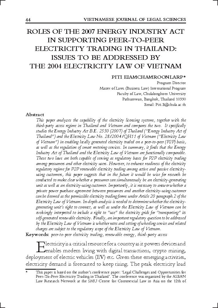 Roles of the 2007 Energy Industry Act in Supporting Peer-to-Peer Electricity Trading in Thailand: Issues to be addressed by the 2004 Electricity Law of Vietnam