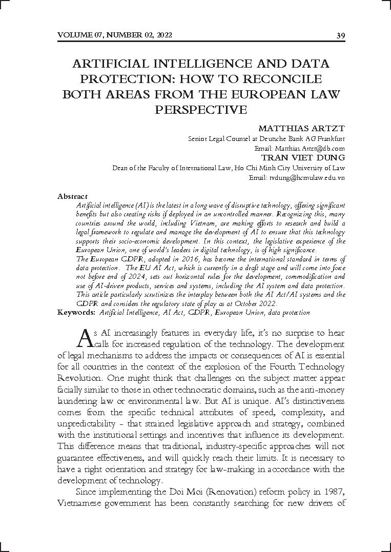 Artificial intelligence and data protection: How to reconcile both areas from the European law perspective
