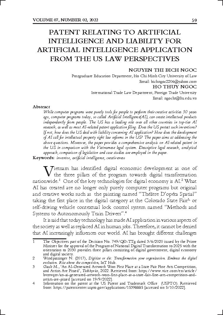 Patent relating to Artificial Intelligence and Liability for Artificial Intelligence Application from the US law perspectives