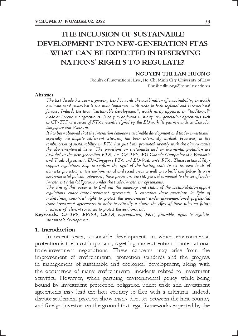 The inclusion of sustainable development into new-generation FTAs – What can be expected in reserving nations’ rights to regulate?