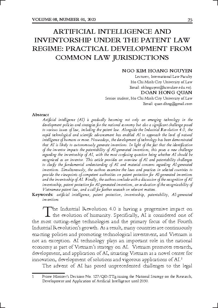 Artificial intelligence and inventorship under the patent law regime: Practical development from common law jurisdiction