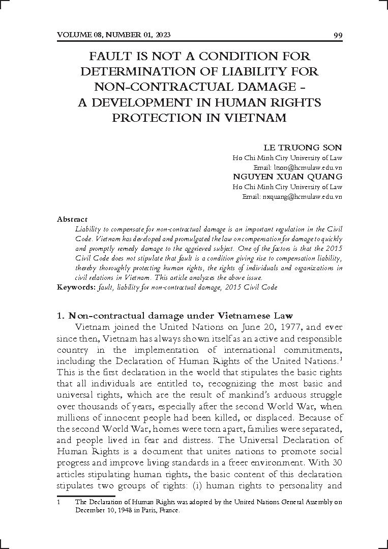Fault is not a condition for determination of liability for non - contractual damage - A development in human rights protection in Vietnam