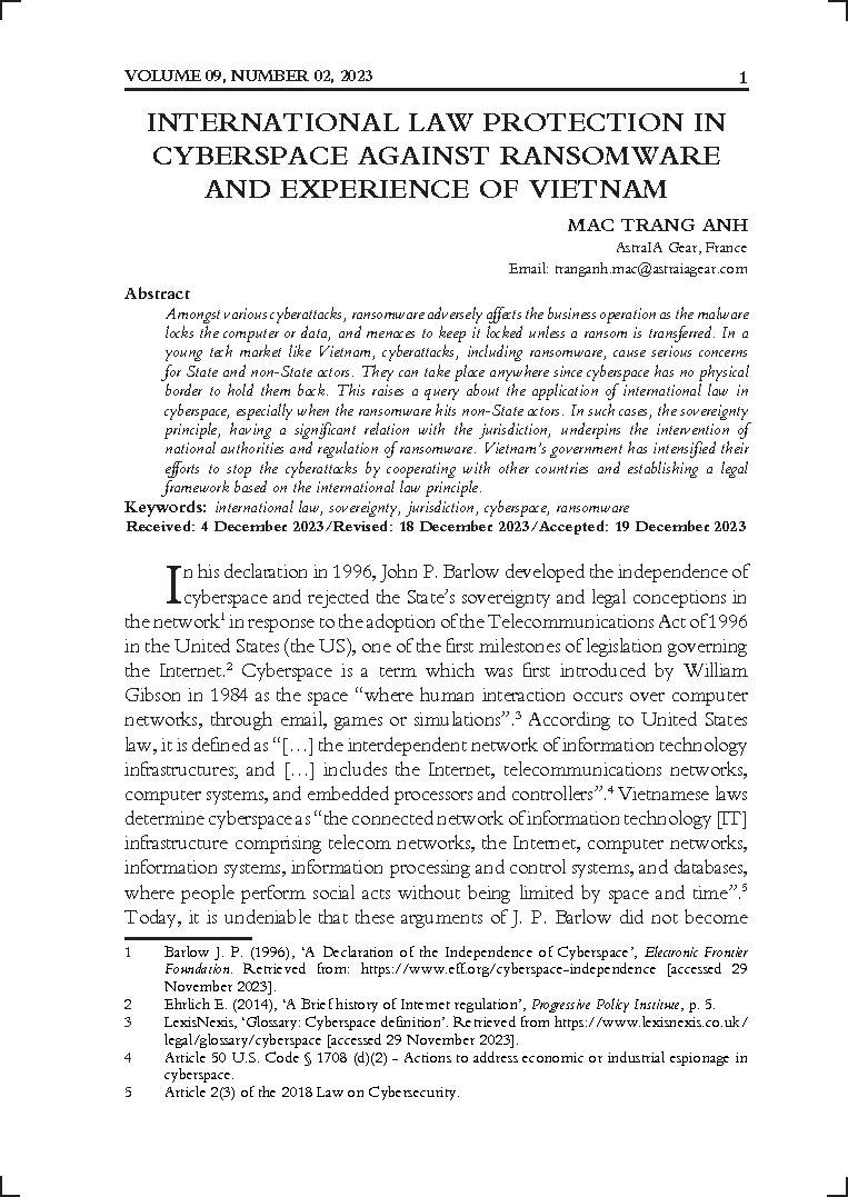 International law protection in cyberspace against ransomware and experience of Vietnam