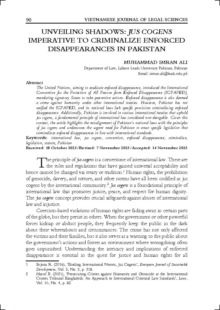 Unveiling shadows: Jus cogens imperative to criminalize enforced disappearances in Pakistan