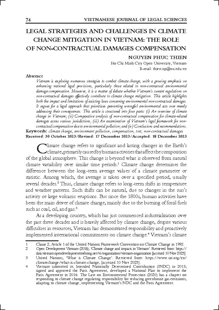 Legal strategies and challenges in climate change mitigation in Vietnam: The role of non-contractual damages compensation