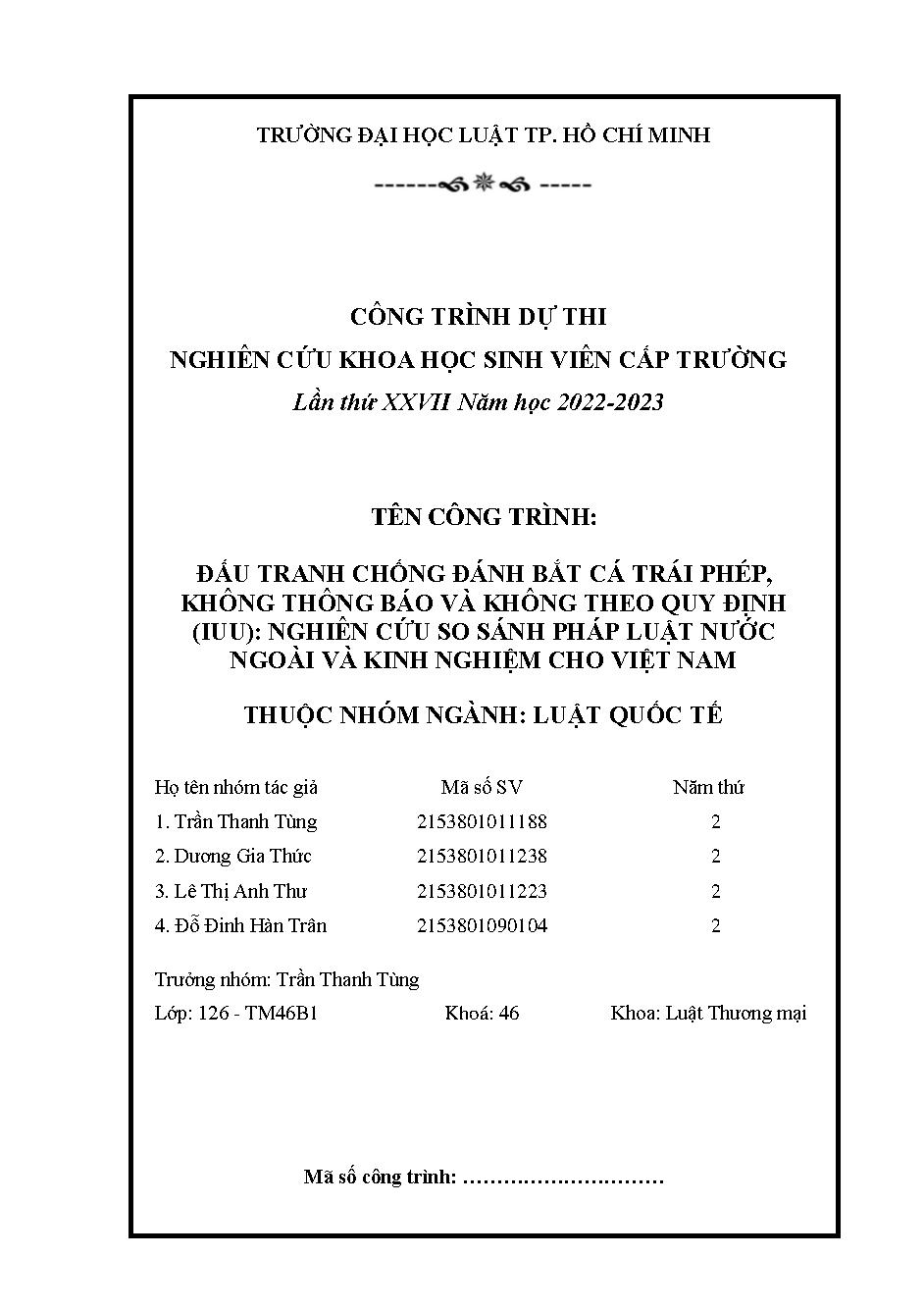 Đấu tranh chống đánh bắt cá trái phép, không thông báo và không theo quy định (IUU): Nghiên cứu so sánh pháp luật nước ngoài và kinh nghiệm cho Việt Nam
