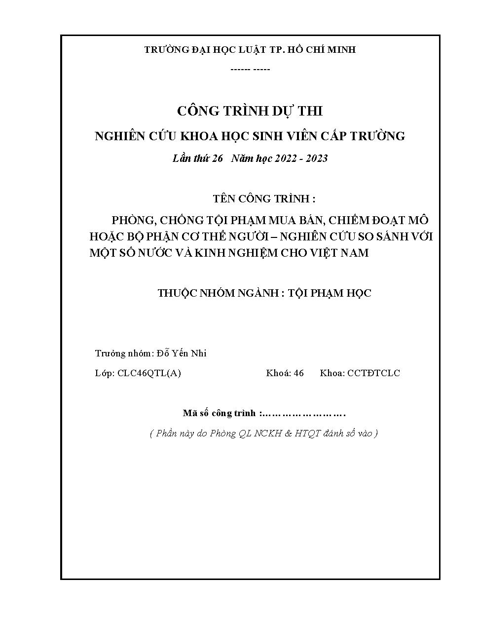 Phòng, chống tội phạm mua bán, chiếm đoạt mô hoặc bộ phận cơ thể người - Nghiên cứu so sánh với một số nước và kinh nghiệm cho Việt Nam