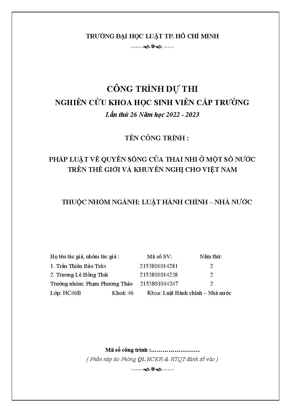 Pháp luật về quyền sống của thai nhi ở một số nước trên thế giới và khuyến nghị cho Việt Nam