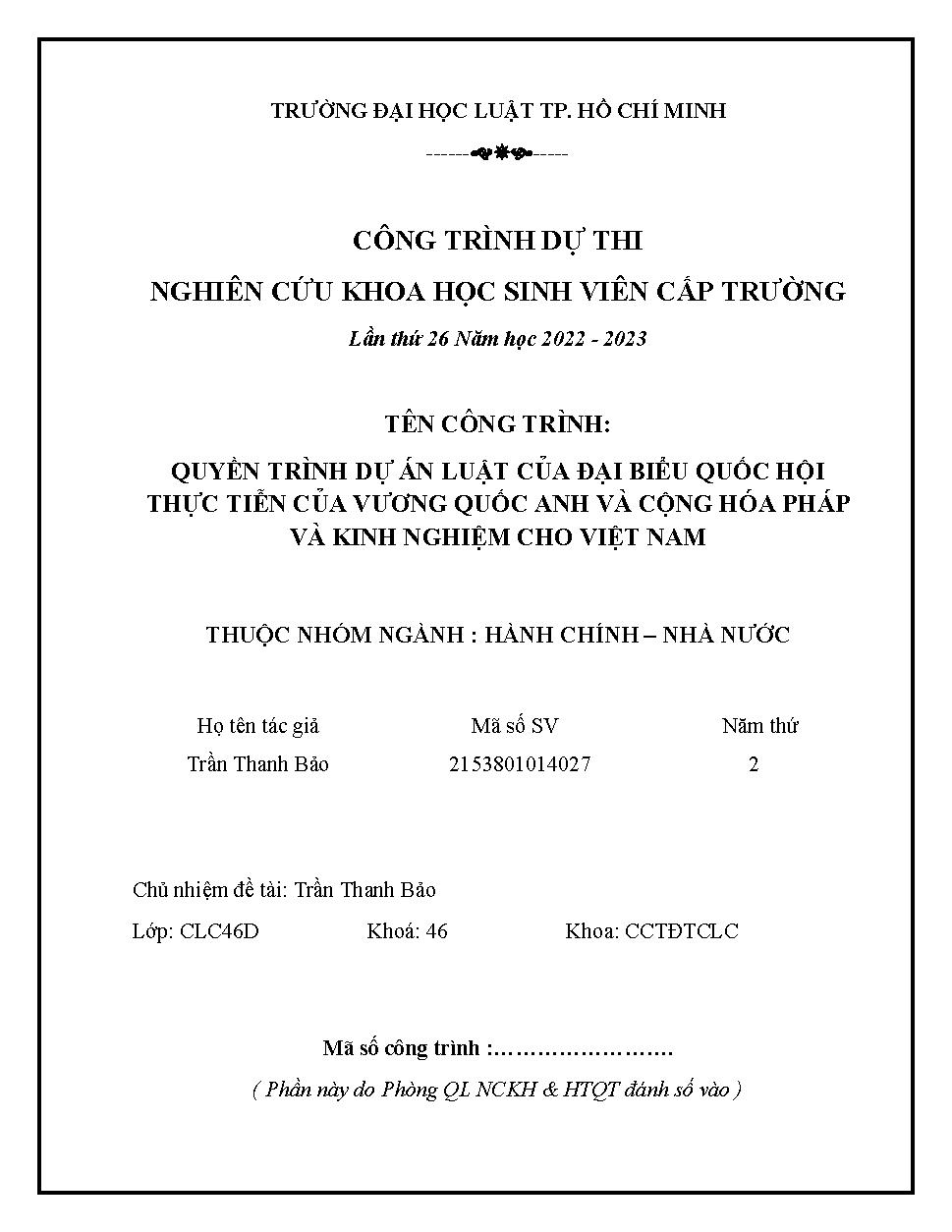 Quyền trình dự án luật của đại biểu Quốc hội thực tiễn của Vương Quốc Anh, Cộng hòa Pháp và kinh nghiệm cho Việt Nam