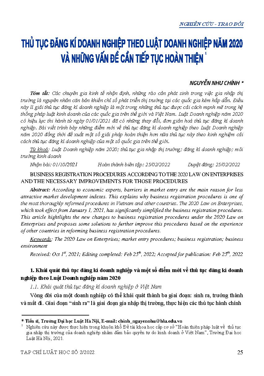 Thủ tục đăng kí doanh nghiệp theo Luật Doanh nghiệp năm 2020 và những vấn đề cần tiếp tục hoàn thiện 