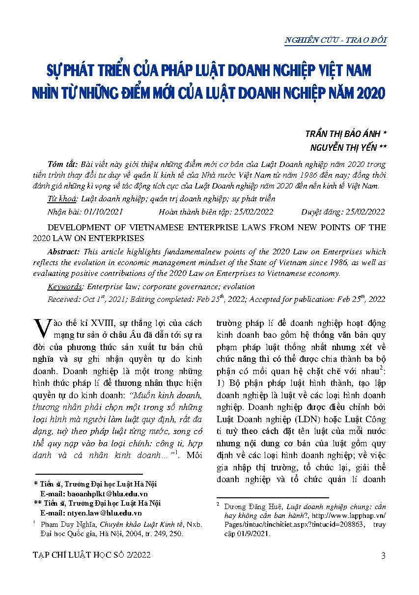 Sự phát triển của pháp luật doanh nghiệp Việt Nam nhìn từ những điểm mới của Luật Doanh nghiệp năm 2020 
