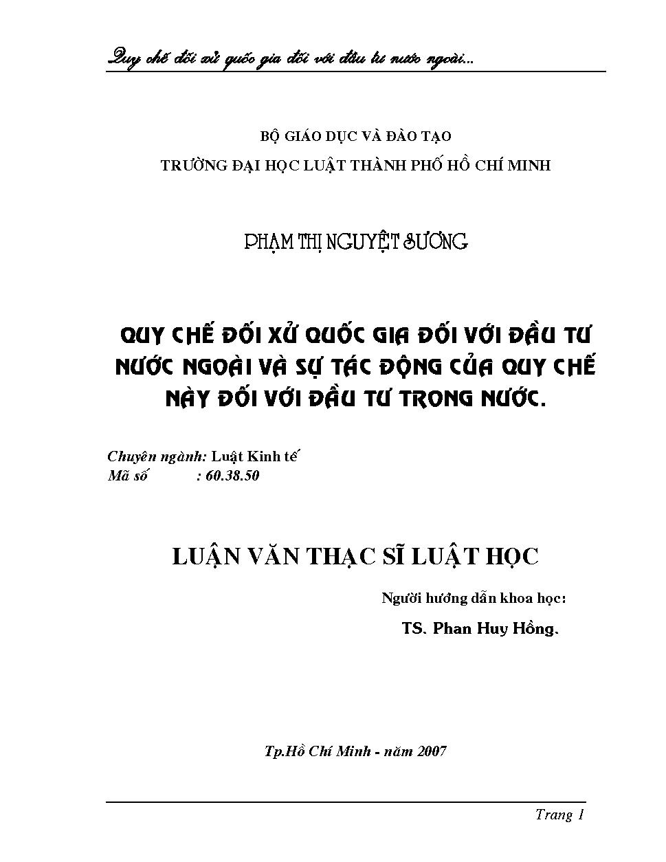 Quy chế đối xử quốc gia đối với đầu tư nước ngoài và sự tác động của quy chế này đối với đầu tư trong nước