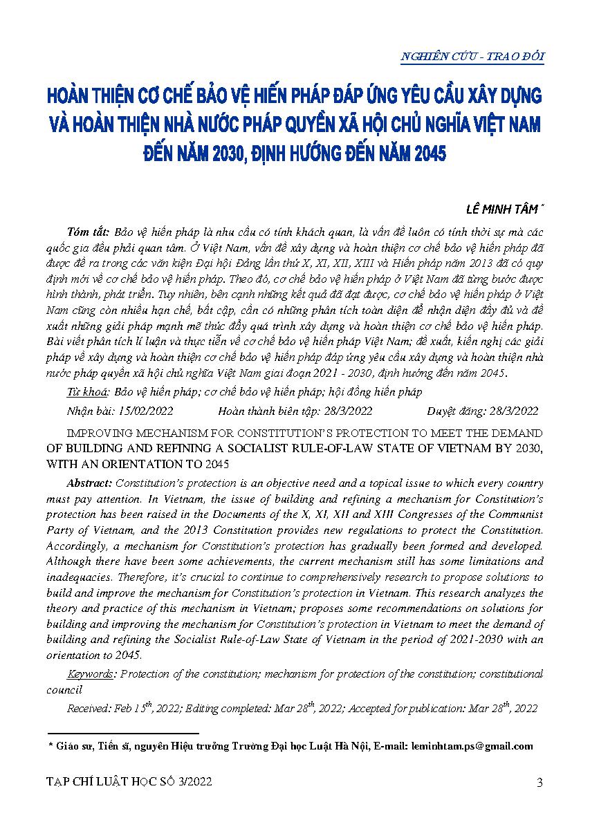 Hoàn thiện cơ chế bảo vệ hiến pháp đáp ứng yêu cầu xây dựng và hoàn thiện Nhà nước pháp quyền xã hội chủ nghĩa Việt Nam đến năm 2030, định hướng đến năm 2045 