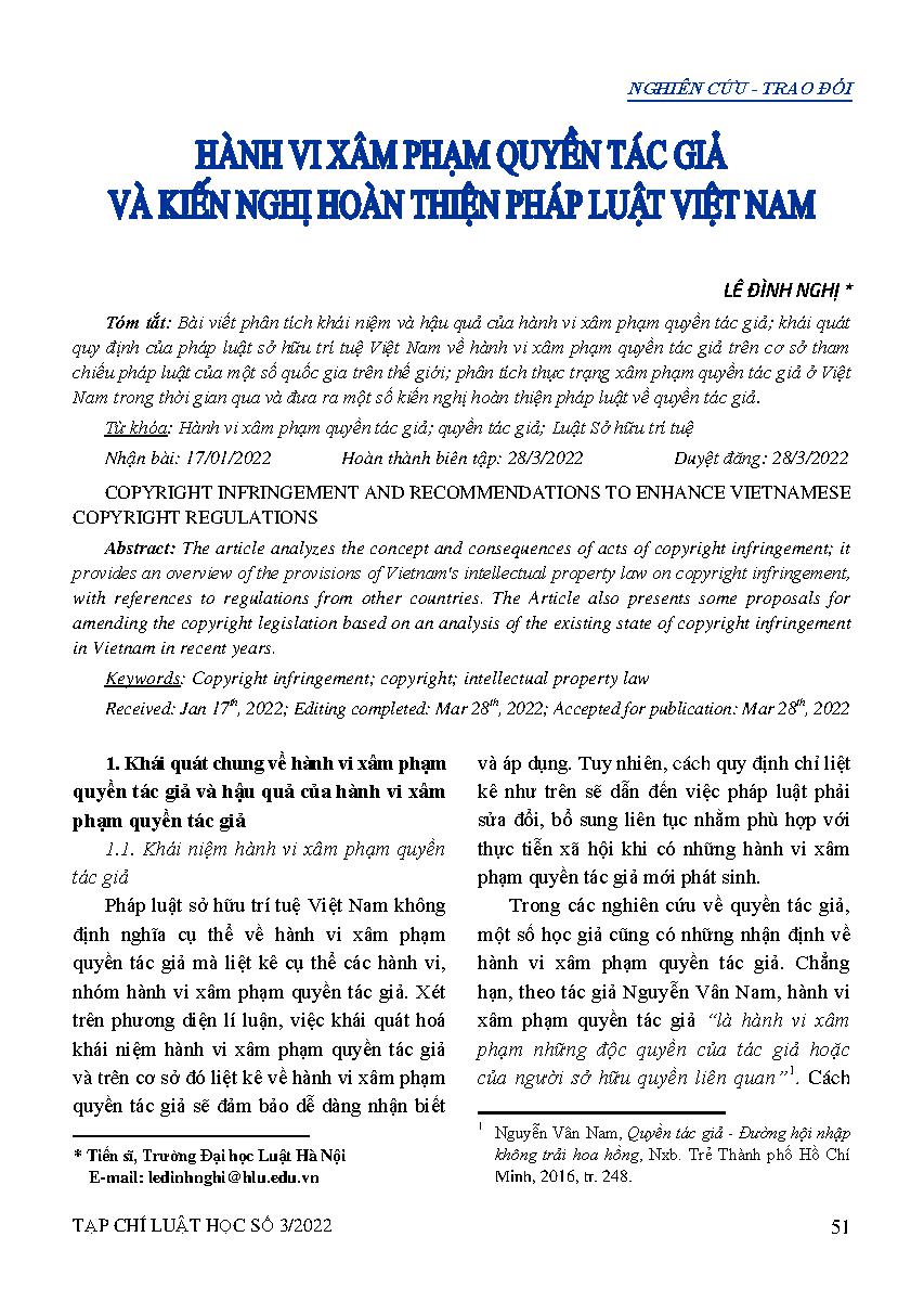 Hành vi xâm phạm quyền tác giả và kiến nghị hoàn thiện pháp luật Việt Nam 