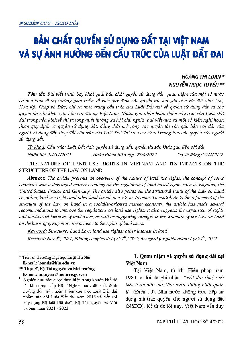 Bản chất quyền sử dụng đất tại Việt Nam và sự ảnh hưởng đến cấu trúc của Luật Đất đai 