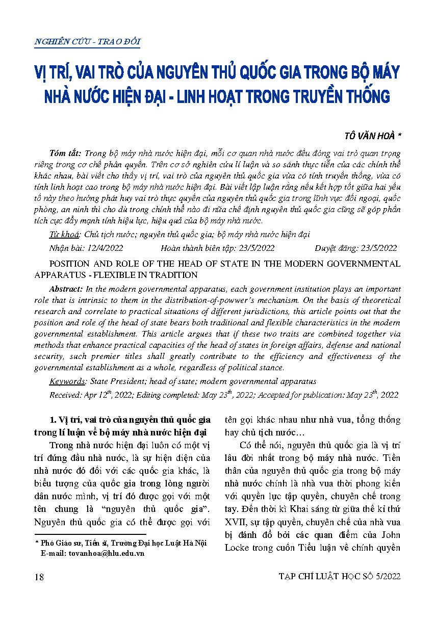 Vị trí, vai trò của nguyên thủ quốc gia trong bộ máy nhà nước hiện đại - linh hoạt trong truyền thống 