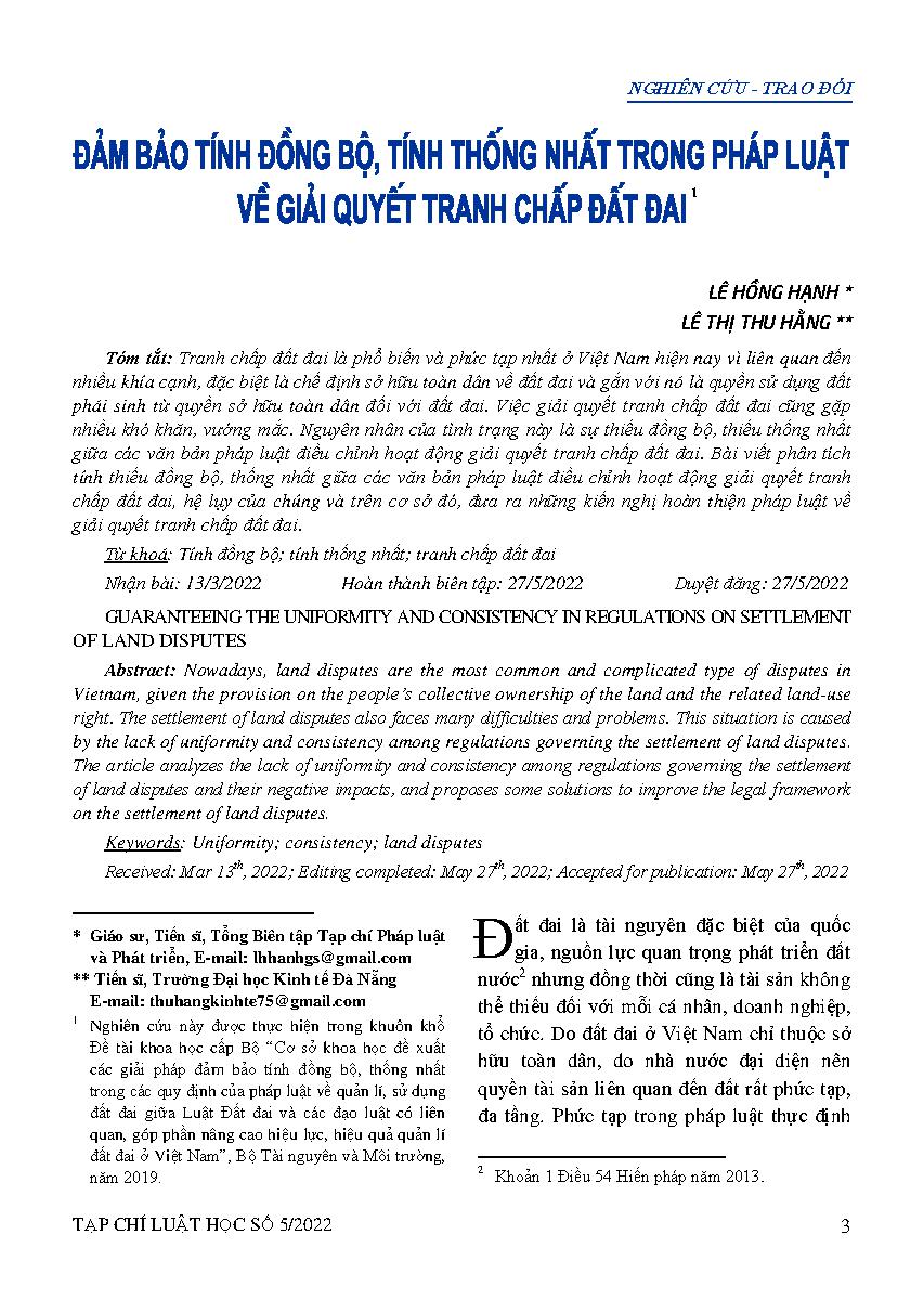 Đảm bảo tính đồng bộ, tính thống nhất trong pháp luật về giải quyết tranh chấp đất đai 