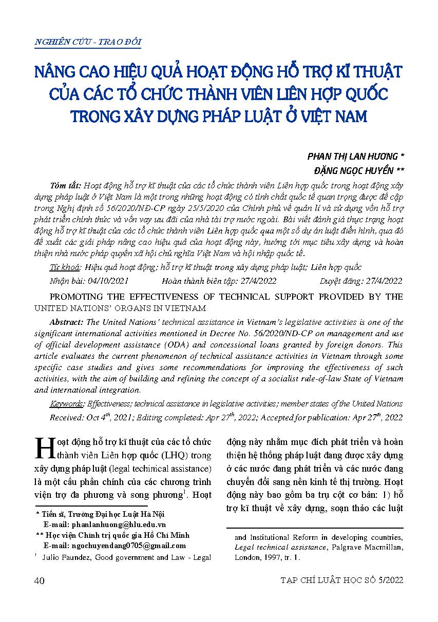 Nâng cao hiệu quả hoạt động hỗ trợ kĩ thuật của các tổ chức thành viên Liên Hợp quốc trong xây dựng pháp luật ở Việt Nam 