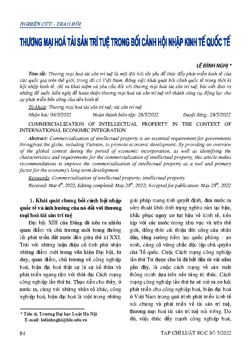 Thương mại hoá tài sản trí tuệ trong bối cảnh hội nhập kinh tế quốc tế 