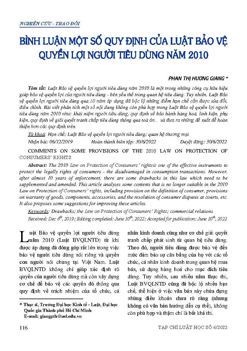 Bình luận một số quy định của Luật Bảo vệ quyền lợi người tiêu dùng năm 2010 