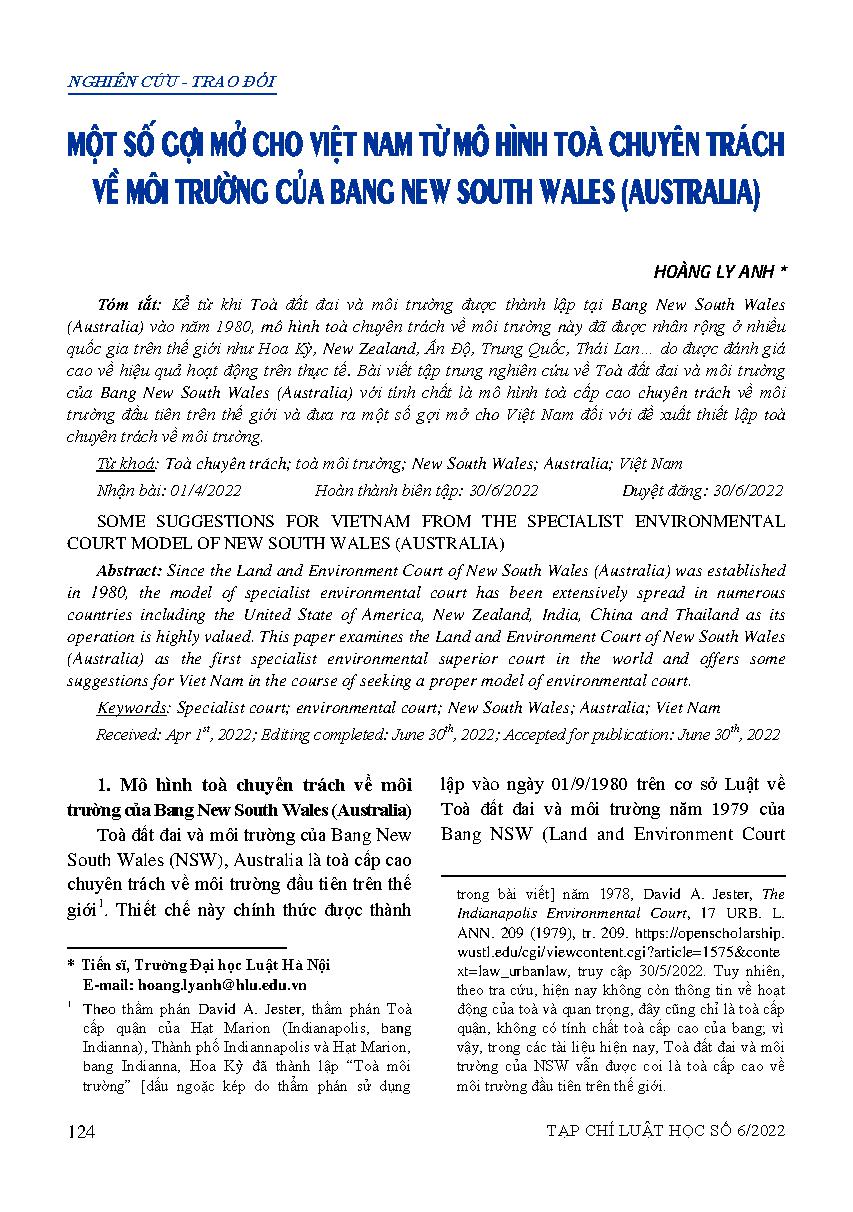 Một số gợi mở cho Việt Nam từ mô hình Toà chuyên trách về môi trường của Bang New South Wales (Australia) 