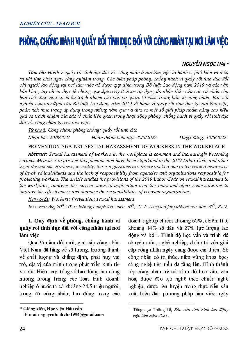 Phòng, chống hành vi quấy rối tình dục đối với công nhân tại nơi làm việc 