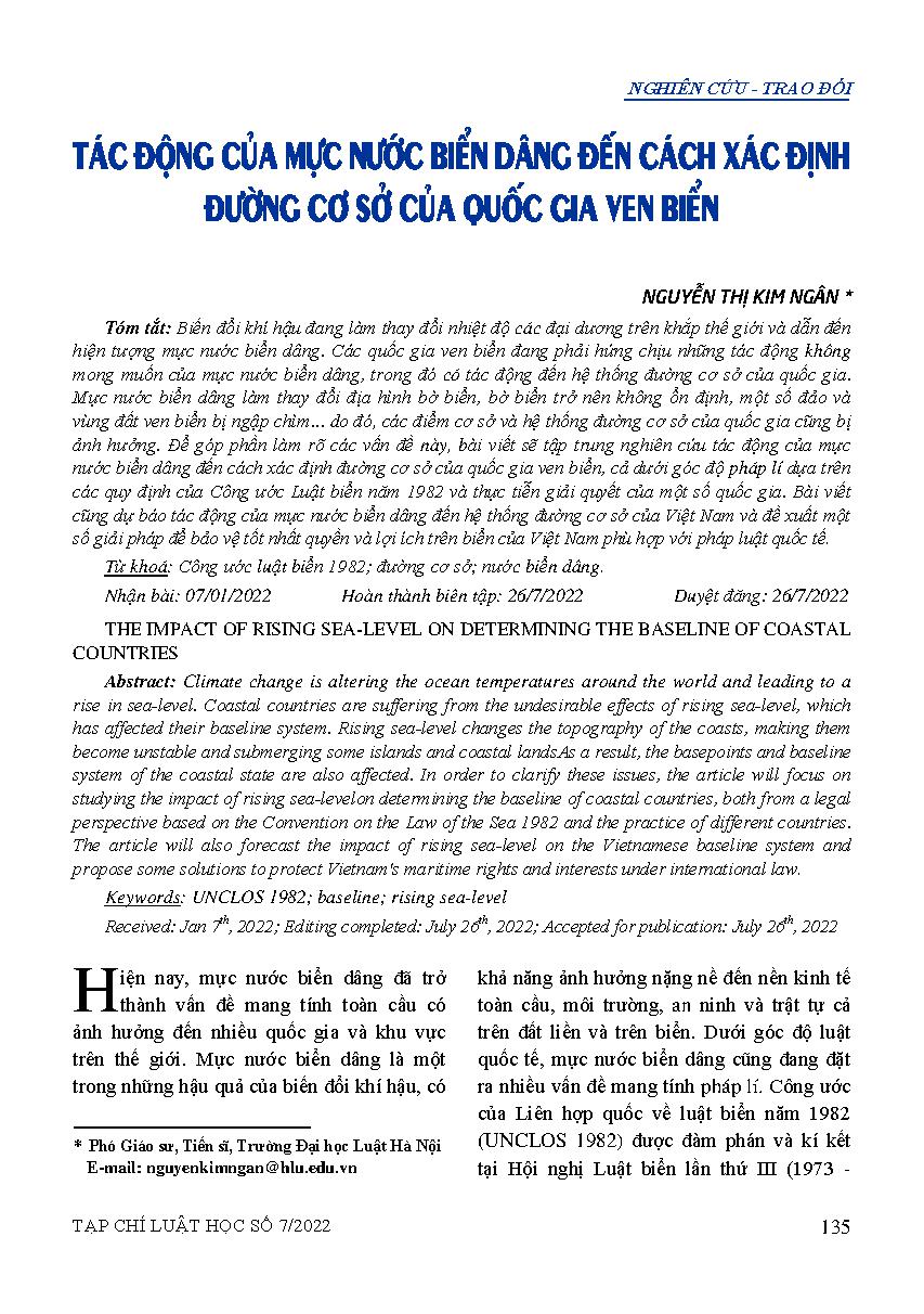 Tác động của mực nước biển dâng đến cách xác định đường cơ sở của quốc gia ven biển 