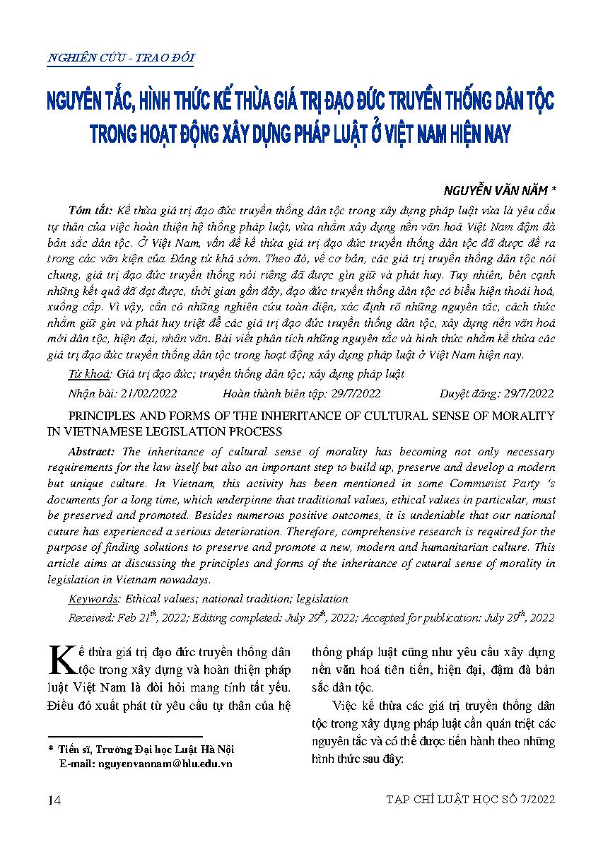 Nguyên tắc, hình thức kế thừa giá trị đạo đức truyền thống dân tộc trong hoạt động xây dựng pháp luật ở Việt Nam hiện nay 