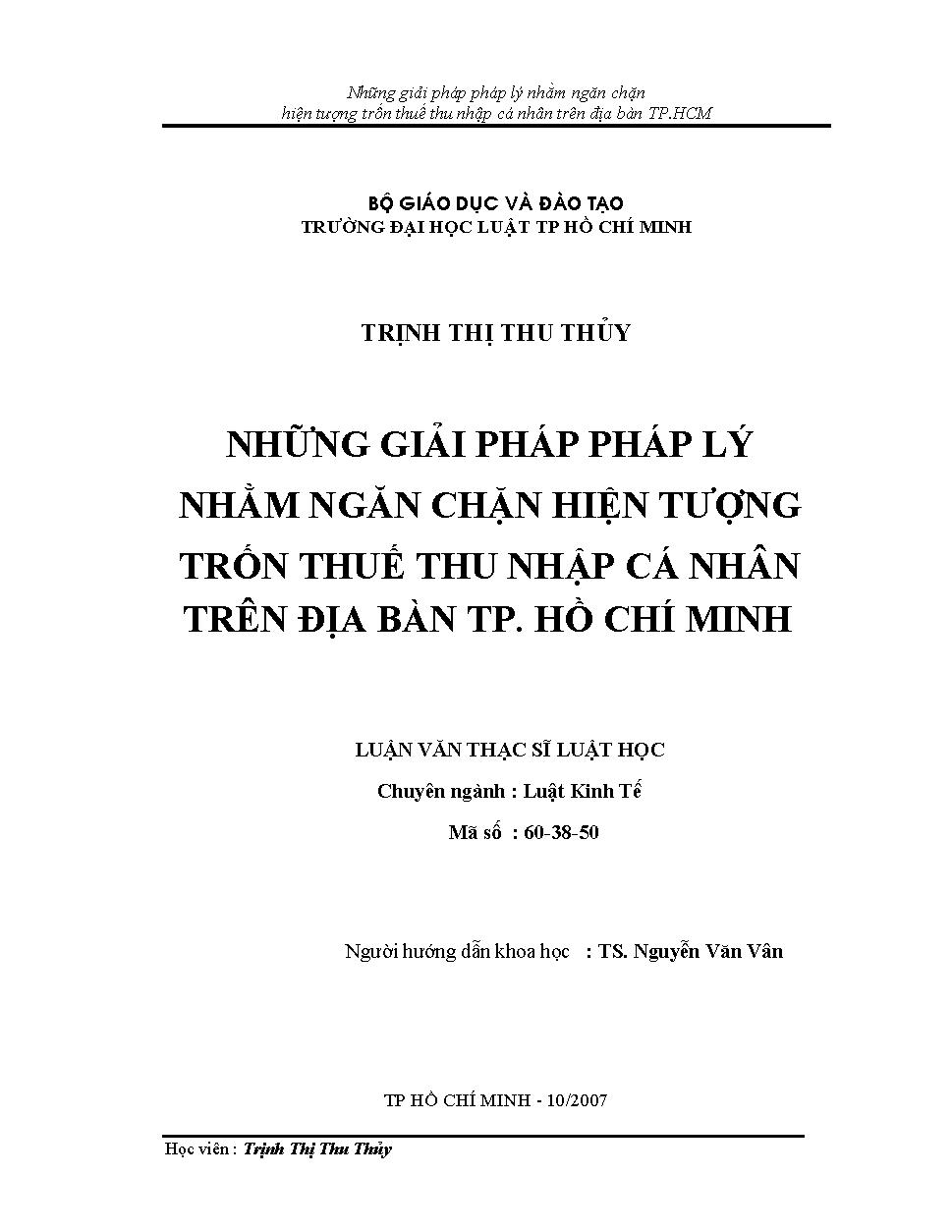 Những giải pháp pháp lý nhằm ngăn chặn hiện tượng trốn thuế thu nhập cá nhân trên địa bàn Tp. Hồ Chí Minh