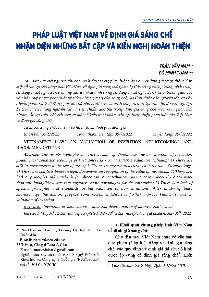 Pháp luật Việt Nam về định giá sáng chế: Nhận diện những bất cập và kiến nghị hoàn thiện 