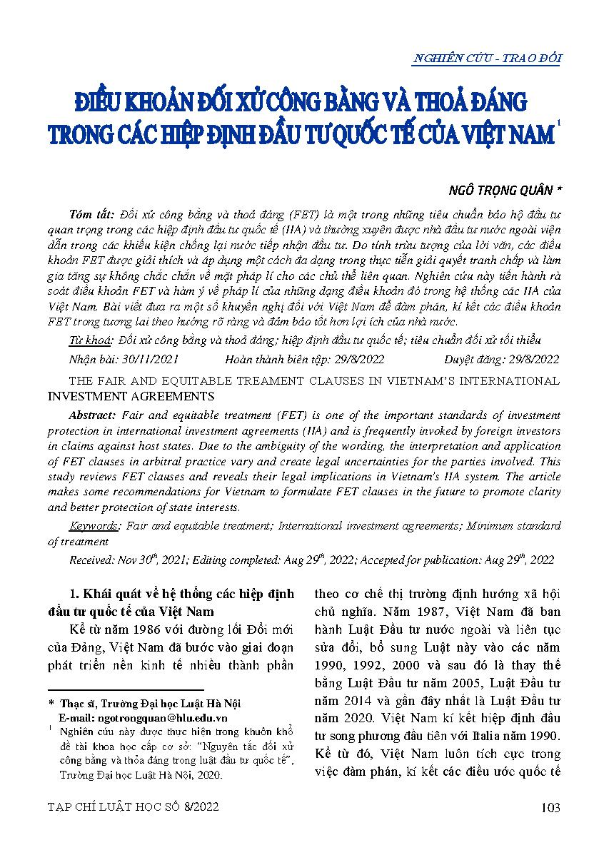 Điều khoản đối xử công bằng và thoả đáng trong các hiệp định đầu tư quốc tế của Việt Nam 