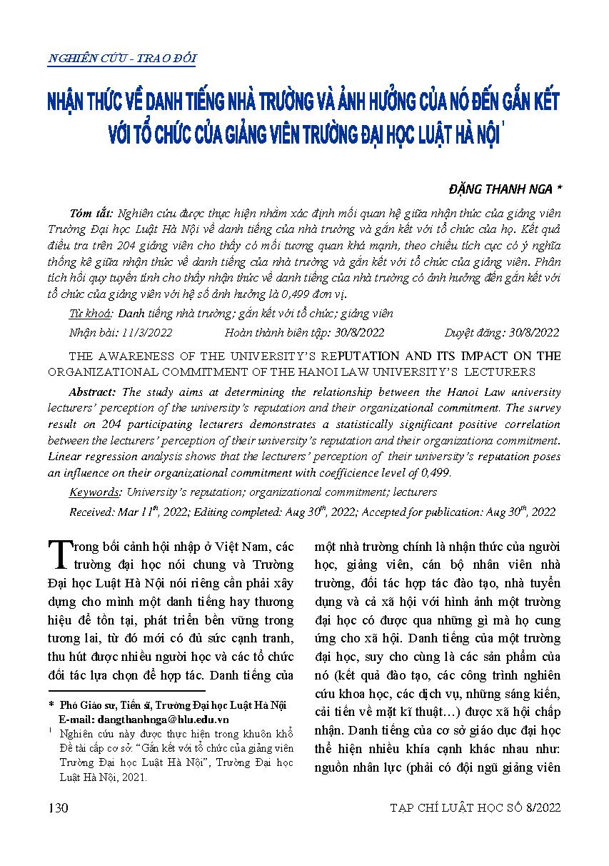 Nhận thức về danh tiếng nhà trường và ảnh hưởng của nó đến gắn kết với tổ chức của giảng viên Trường Đại học Luật Hà Nội 