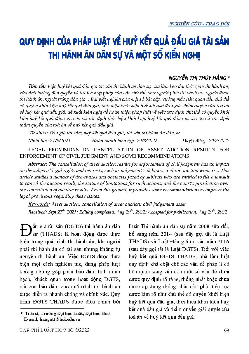 Quy định của pháp luật về huỷ kết quả đấu giá tài sản thi hành án dân sự và một số kiến nghị 