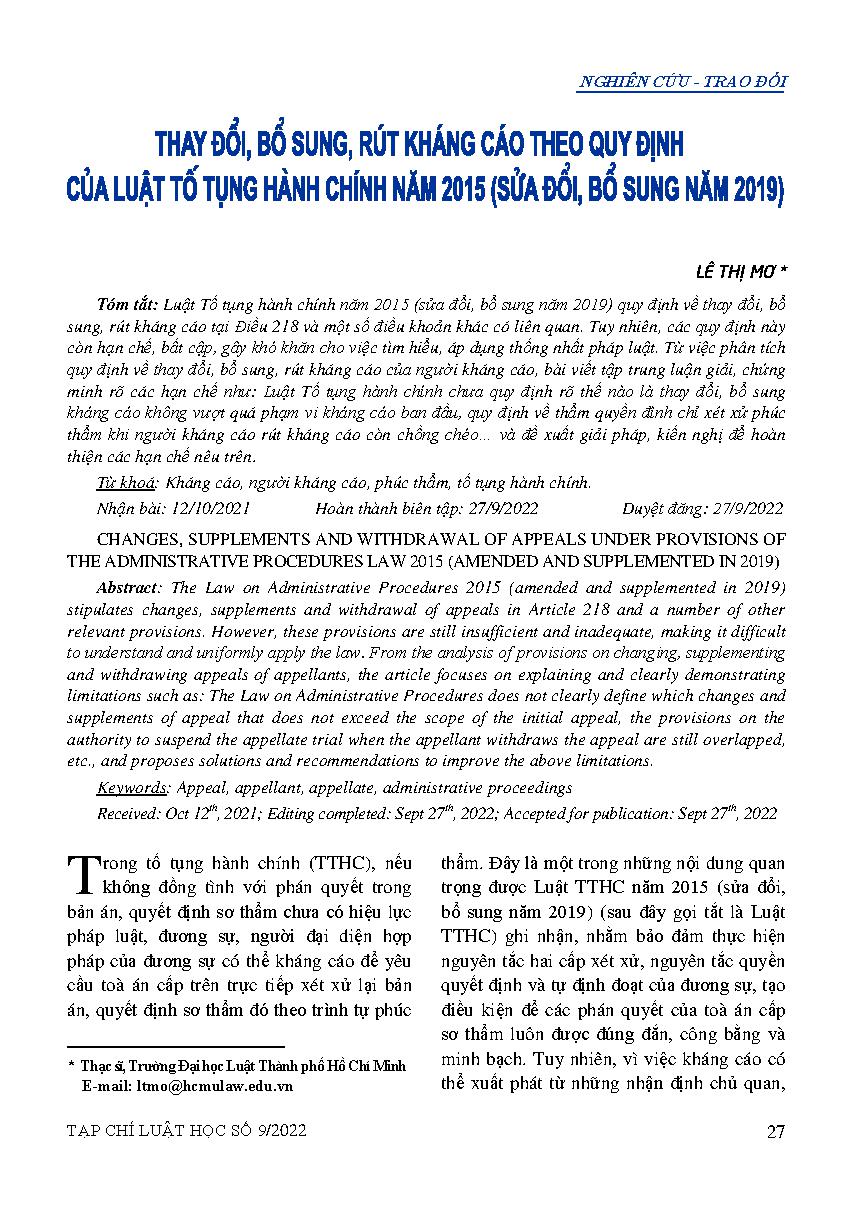 Thay đổi, bổ sung, rút kháng cáo theo quy định của Luật Tố tụng hành chính năm 2015 (sửa đổi, bổ sung năm 2019) 
