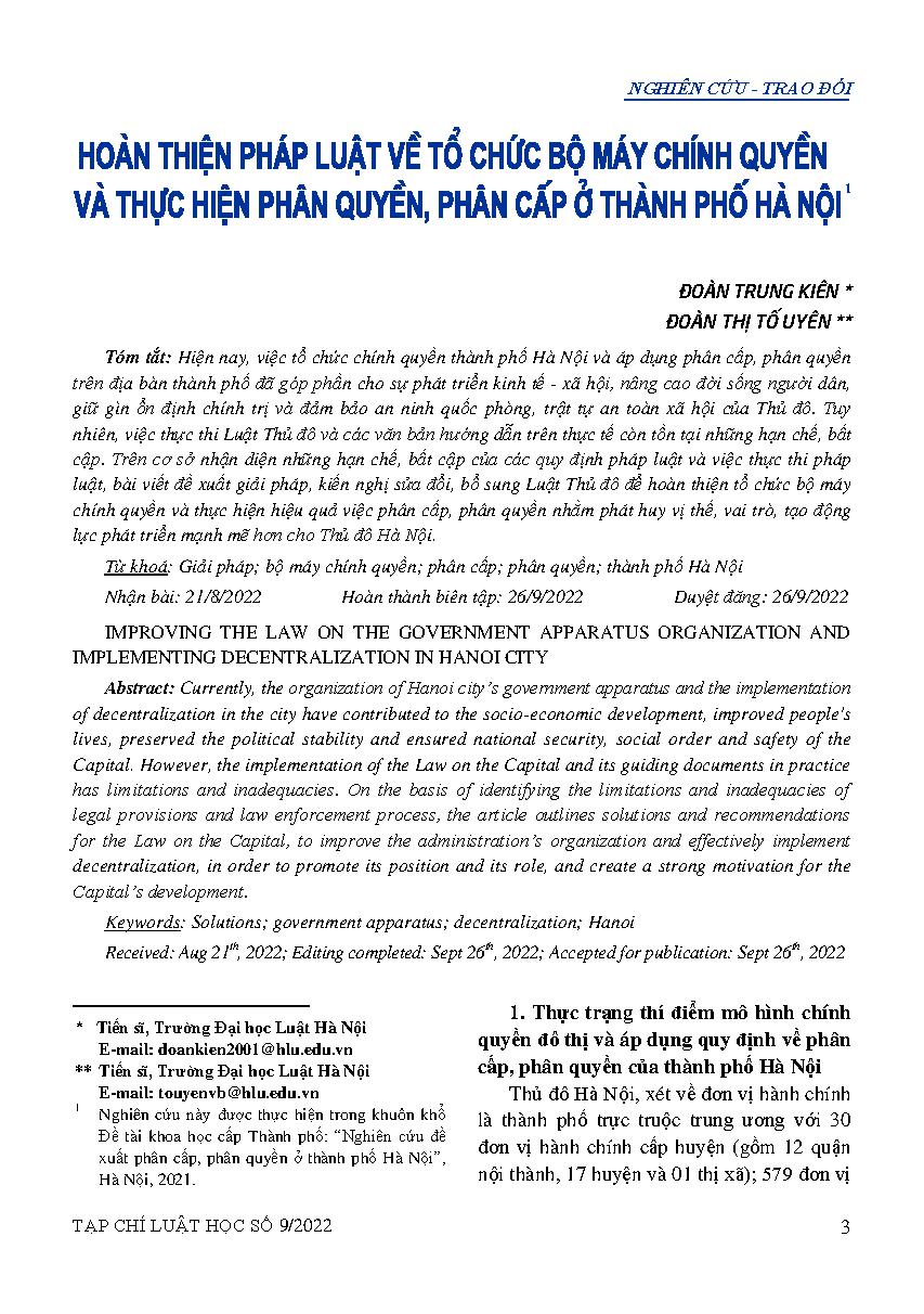 Hoàn thiện pháp luật về tổ chức bộ máy chính quyền và thực hiện phân quyền, phân cấp ở thành phố Hà Nội 