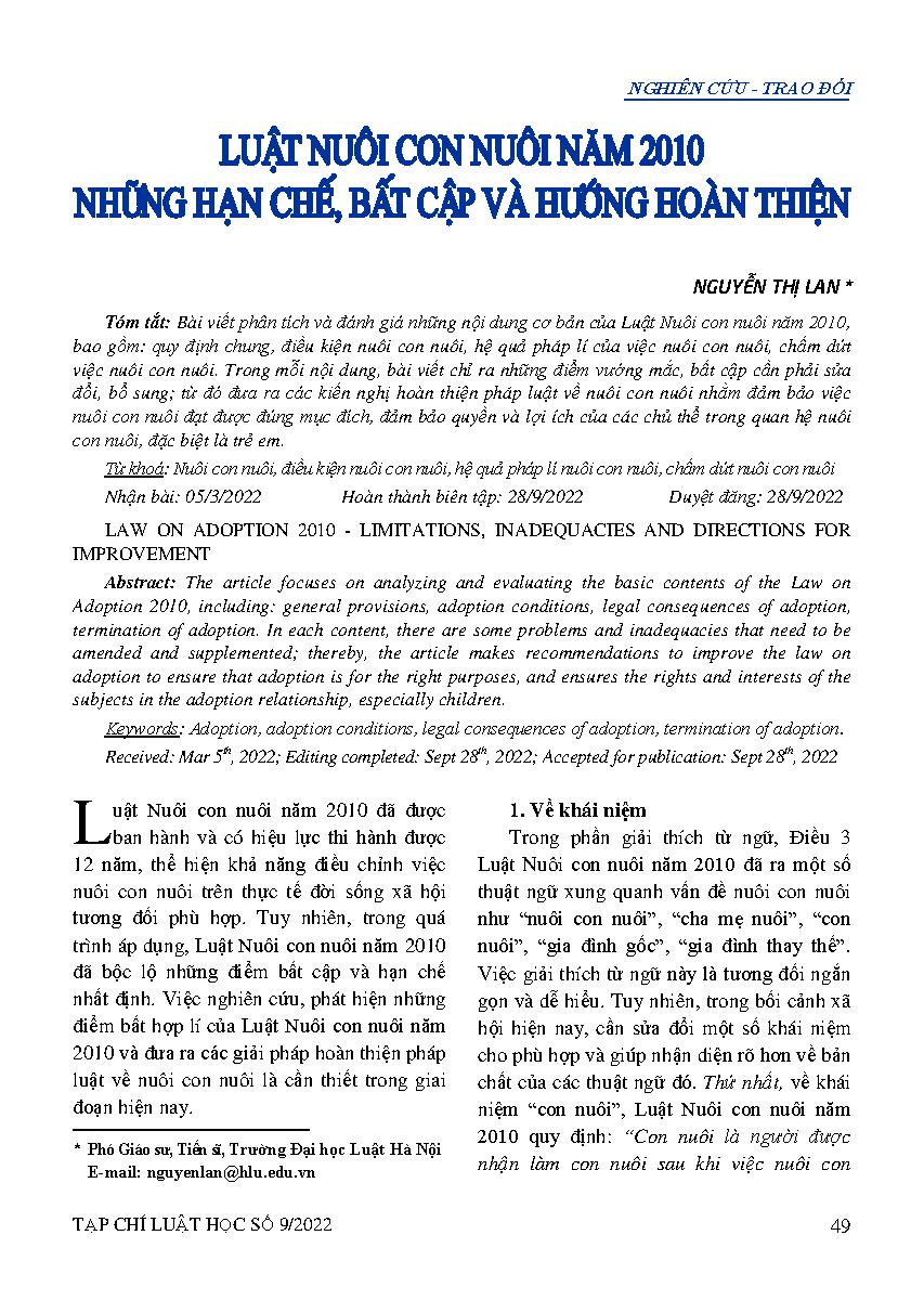 Luật Nuôi con nuôi năm 2010 - Những hạn chế, bất cập và hướng hoàn thiện 