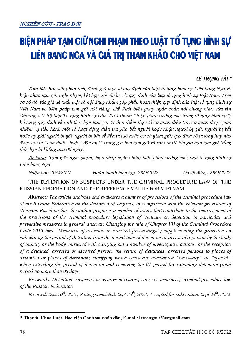Biện pháp tạm giữ nghi phạm theo Luật Tố tụng hình sự Liên bang Nga và giá trị tham khảo cho Việt Nam 